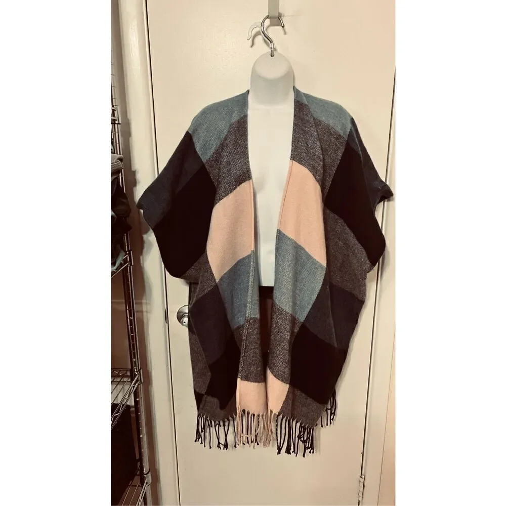 Ann Taylor Loft Pink Gray Blue Plaid Poncho Shawl Wrap One SIze